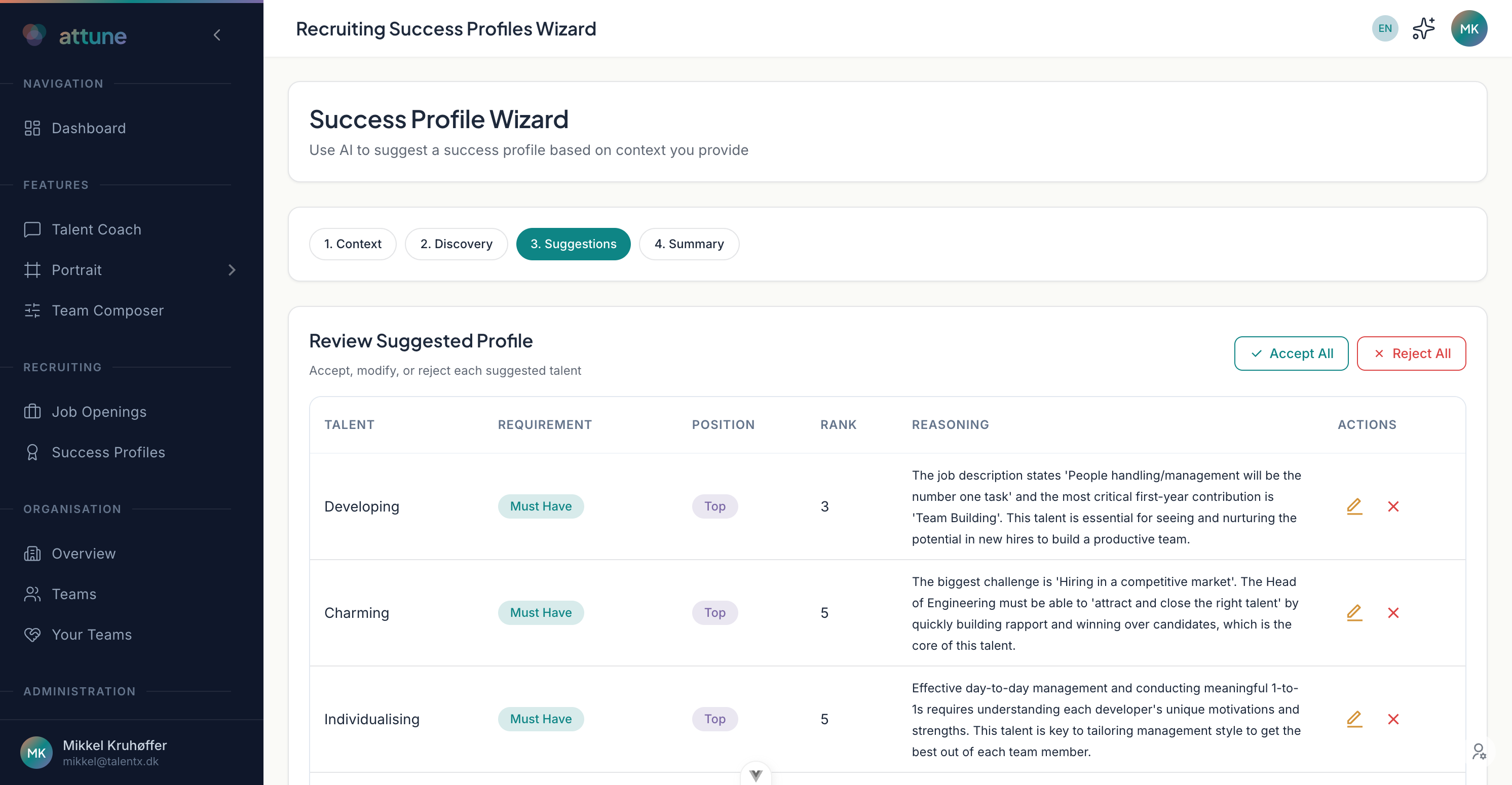Attune Recruitment - AI-powered Success Profile Wizard suggesting talent requirements